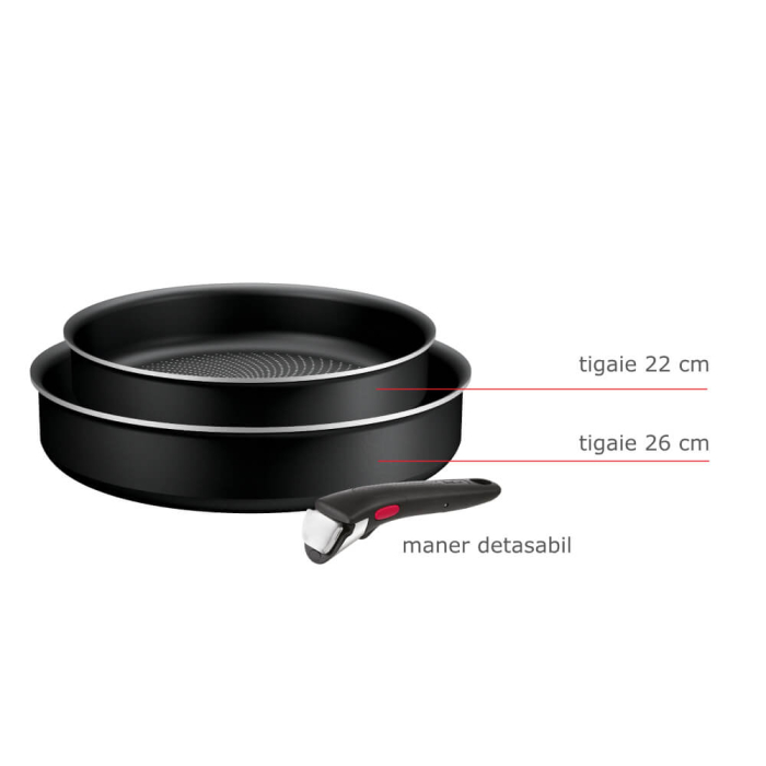 Set de 3 piese Tefal Ingenio Generous Cook L3129053, tigaie de 22/26 cm, maner detasabil, indicator Thermo Signal, invelis antiaderent Titanium [2]