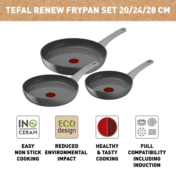 Set de 3 tigai Tefal Renew On C4279132, 20/24/28 cm, 100% aluminiu reciclat, indicator Thermo-Signal, compatibil cu inductia, invelis ceramic, gri [4]