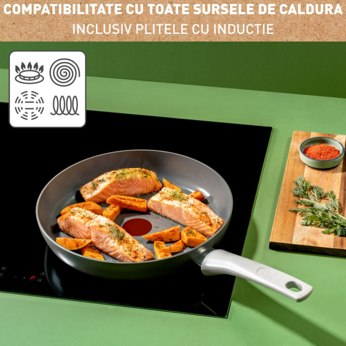 Set de 3 tigai Tefal Renew On C4279132, 20/24/28 cm, 100% aluminiu reciclat, indicator Thermo-Signal, compatibil cu inductia, invelis ceramic, gri [12]