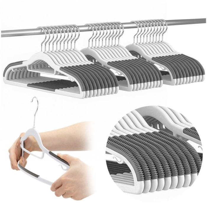 Set de 30 de umerase antiderapante pentru haine, din PE, cu carlig metalic rotativ, 41 cm, alb si gri [16]