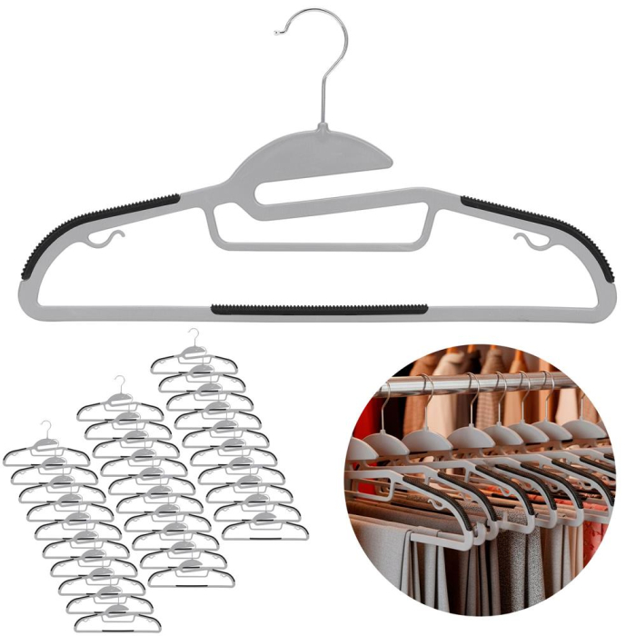 Set de 30 de umerase antiderapante pentru haine, din PE, cu carlig metalic rotativ, 41 cm, gri si negru [4]