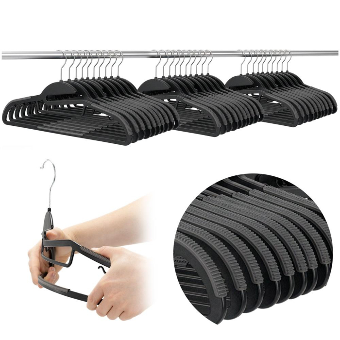 Set de 30 de umerase antiderapante pentru haine, din PE, cu carlig metalic rotativ, 41 cm, negru si gri [15]