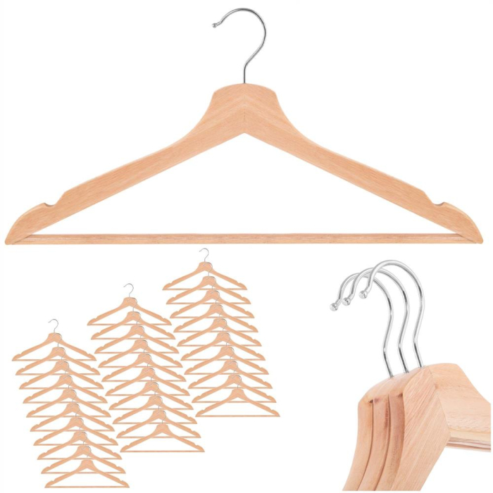 Set de 30 umerase din lemn cu carlig cromat rotativ, forma ergonomica, 43x21 cm, maro natur [5]