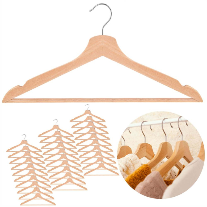 Set de 30 umerase din lemn cu carlig cromat rotativ, forma ergonomica, 43x21 cm, maro natur [4]