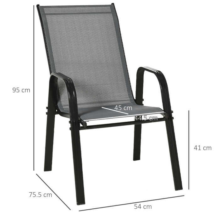  Set de 4 Scaune de Gradina Stivuibile, Scaune de Exterior cu Cotiere din Metal si tesatura Respirabila, 54x75.5x95 cm, Gri [3]