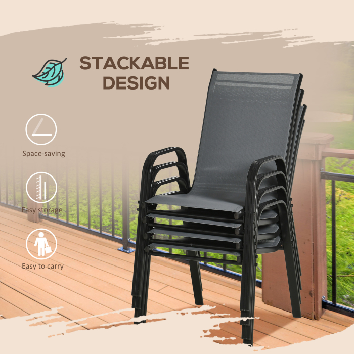  Set de 4 Scaune de Gradina Stivuibile, Scaune de Exterior cu Cotiere din Metal si tesatura Respirabila, 54x75.5x95 cm, Gri [5]
