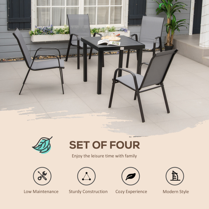  Set de 4 Scaune de Gradina Stivuibile, Scaune de Exterior cu Cotiere din Metal si tesatura Respirabila, 54x75.5x95 cm, Gri [4]