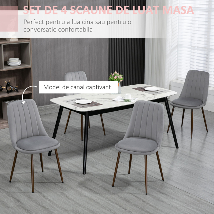  Set de 4 Scaune de Masa, Scaun de Bucatarie Modern cu Tapiterie din Catifea, Spatar Curbat si Picior din Otel pentru Camera de Zi, Dormitor, Gri [4]