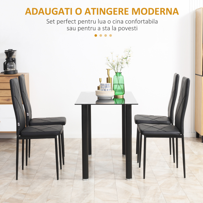  Set de 4 scaune de sufragerie cu spatar inalt, moderne din piele artificiala si otel, 41x50x97cm, negru [4]