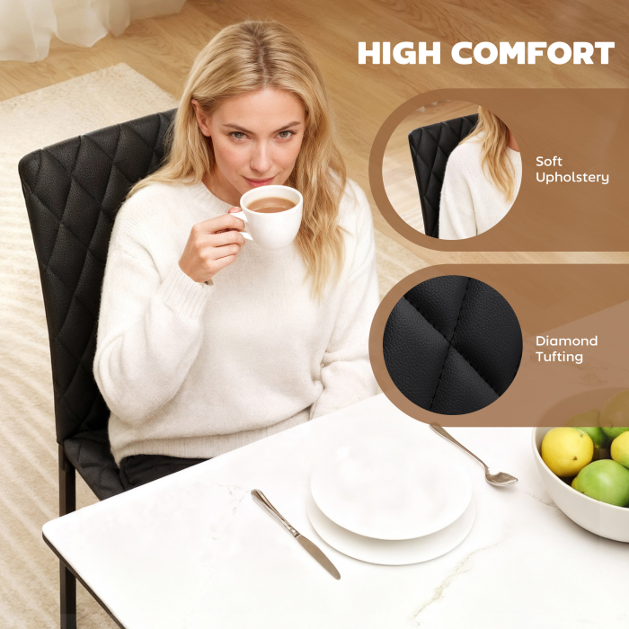  Set de 4 scaune pentru dining din piele sintetica cu cusaturi romboidale si picioare din metal, negru [5]