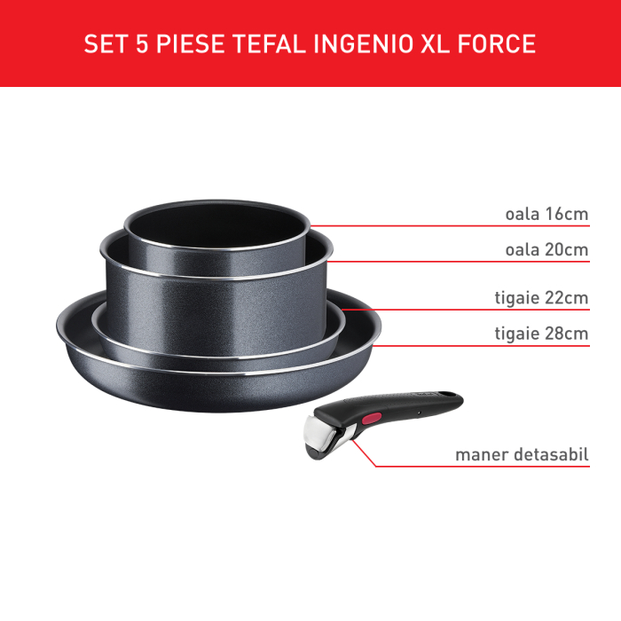 Set de 5 piese Tefal Ingenio XL Force L1589502, oala 16/20 cm, tigaie 22/28 cm, maner detasabil, invelis antiaderent, indicator Thermo-Signal [2]