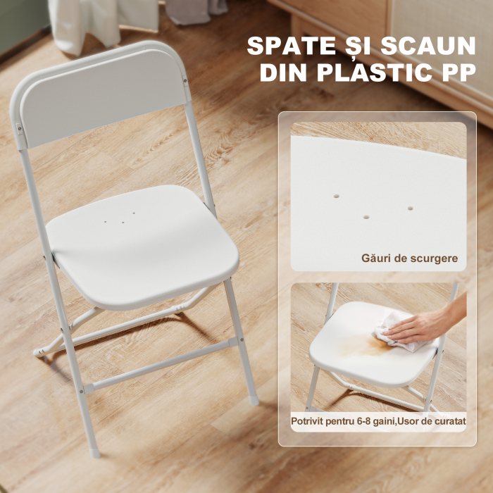  Set de 6 Scaune Pliabile din PP cu Orificii de Drenaj, Scaune Economice Portabile din Otel, Scaun Pliabil pentru Interior, Casa, Birou, Bucatarie, Evenimente, 45x49x79,5 cm, Alb [5]