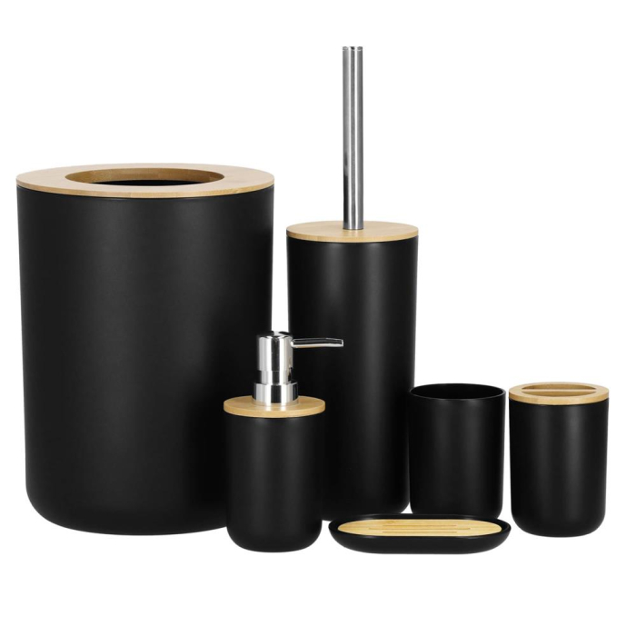 Set de accesorii rotunde pentru baie din plastic cu elemente bambus, 6 piese, negru [8]