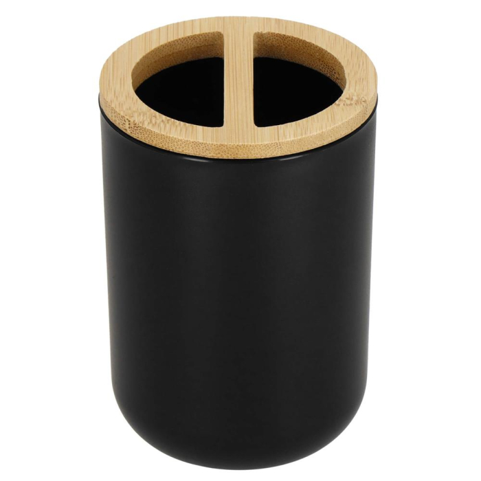 Set de accesorii rotunde pentru baie din plastic cu elemente bambus, 6 piese, negru [4]