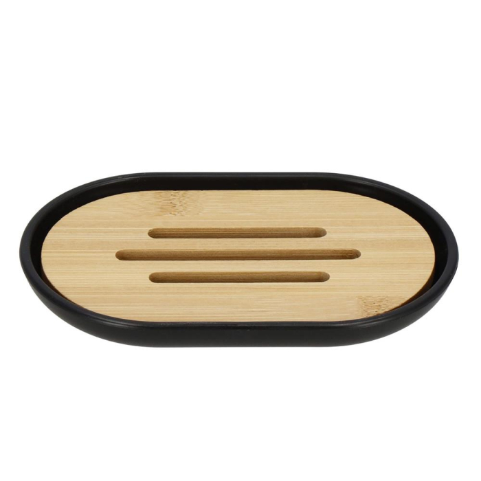 Set de accesorii rotunde pentru baie din plastic cu elemente bambus, 6 piese, negru [2]