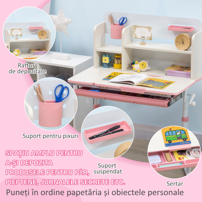  Set de Birou si Scaun pentru Copii de la 3 Ani Reglabil, Masa Inclinabila 60° cu Sertar si Rafturi, Roz [6]