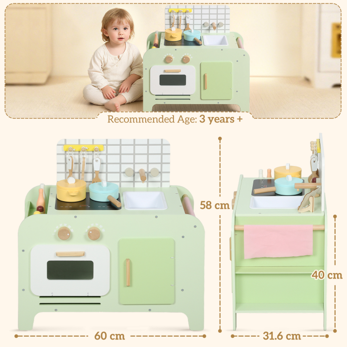  Set de Bucatarie de Jucarie din Lemn pentru Copii de 3+ Ani cu 15 Accesorii, Verde [3]