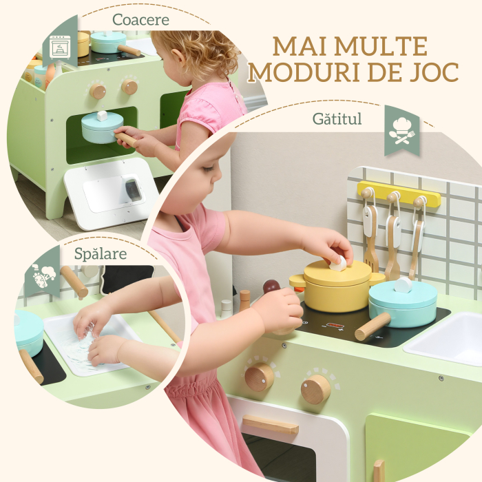  Set de Bucatarie de Jucarie din Lemn pentru Copii de 3+ Ani cu 15 Accesorii, Verde [5]
