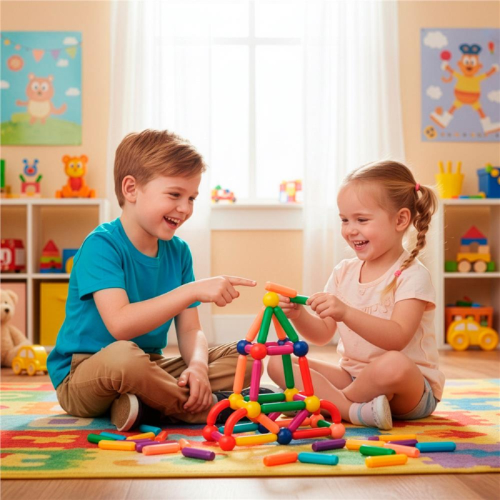 Set constructie tije bile magnetice educative copii 100 piese, structuri 3d, multicolor [3]