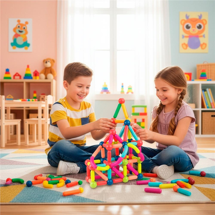 Set constructie tije bile magnetice educative copii 100 piese, structuri 3d, multicolor [5]