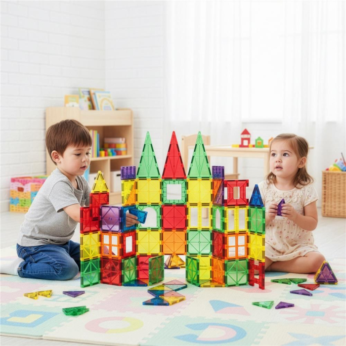 Set constructie cuburi magnetice educative copii 100 piese, forme geometrice, multicolor [3]
