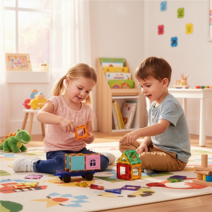Set constructie cuburi magnetice educative copii 100 piese, forme geometrice, multicolor [4]