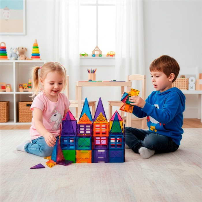 Set constructie cuburi magnetice educative copii 60 piese, forme geometrice, multicolor [4]