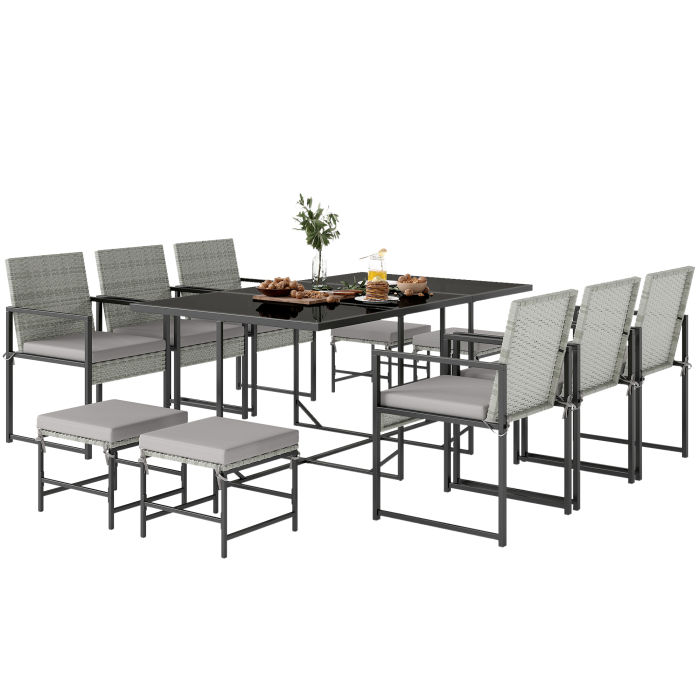  Set de dining pentru patio 11 piese, mobilier exterior cu 6 fotolii, 4 pouf, gri [6]
