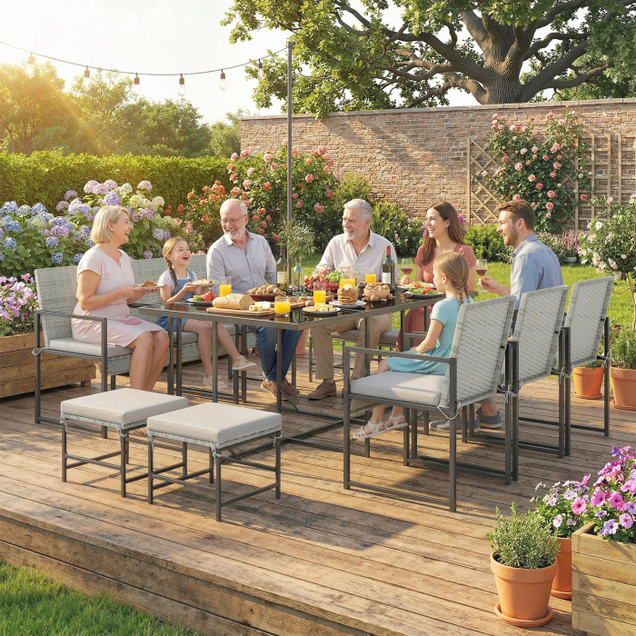  Set de dining pentru patio 11 piese, mobilier exterior cu 6 fotolii, 4 pouf, gri [2]