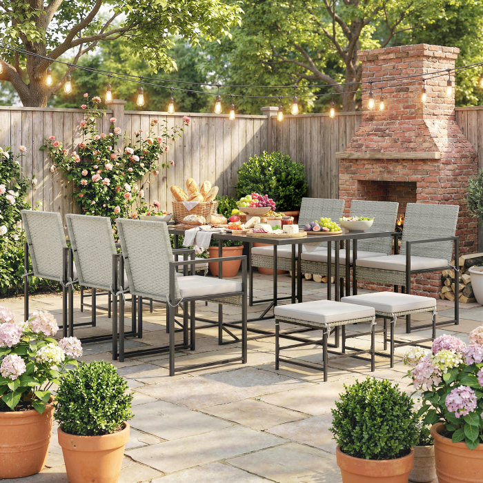  Set de dining pentru patio 11 piese, mobilier exterior cu 6 fotolii, 4 pouf, gri [5]