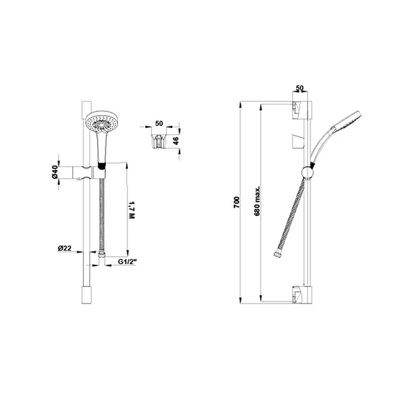 Set de dus cu bara 70 cm Gala 1F crom lucios para cu 1 functie [2]