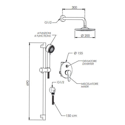 Set de dus incastrat Remer Winner W09S01EC20, sistem cu 7 componente, para cu 3 functii, alama, cromat, 20cm [4]