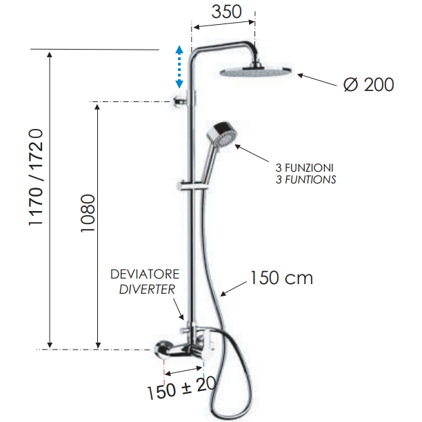 Set de dus Remer W37AEC20, coloana telescopica, para de dus 20cm, para de mana cu 3 functii, ABS cromat [5]