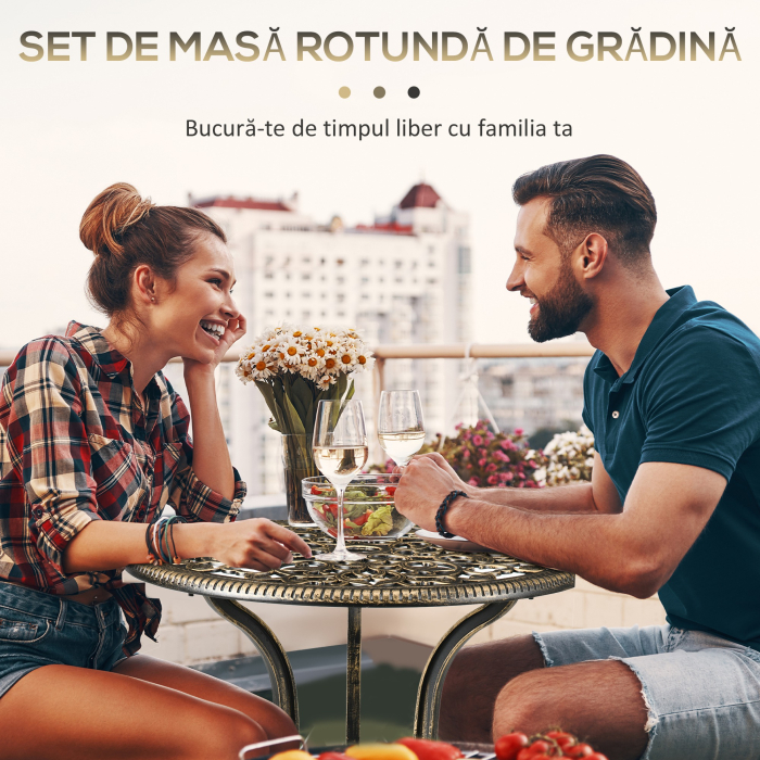  Set de Exterior 3 Piese din Aluminiu cu 2 Scaune de Gradina si Masa Rotunda cu Orificiu pentru Umbrela, Bronz [6]