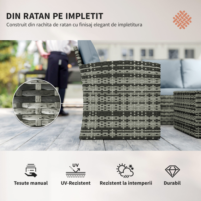  Set de Exterior 6 Piese cu 2 Mese de Depozitare, 2 Canapele si 2 Fotolii, din Ratan si Otel, Gri [4]