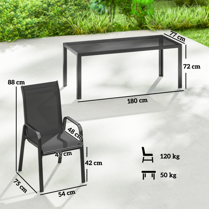  Set de Exterior 9 Piese cu 8 Scaune Suprapozabile din Textilene si Masuta de Cafea cu Blat din Sticla, Negru [3]