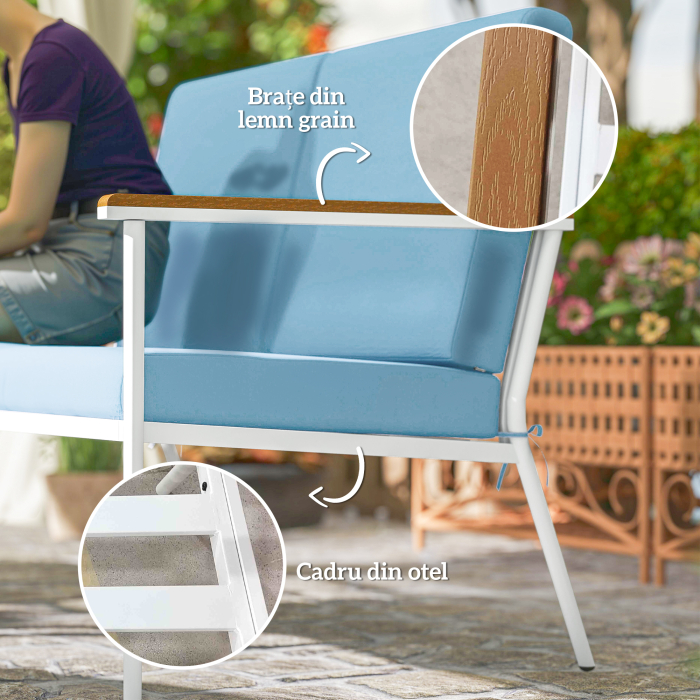  Set de Exterior cu Canapea de 2 Locuri, 2 Fotolii si 2 Masute de Cafea cu Blat din Sticla, Albastru [7]