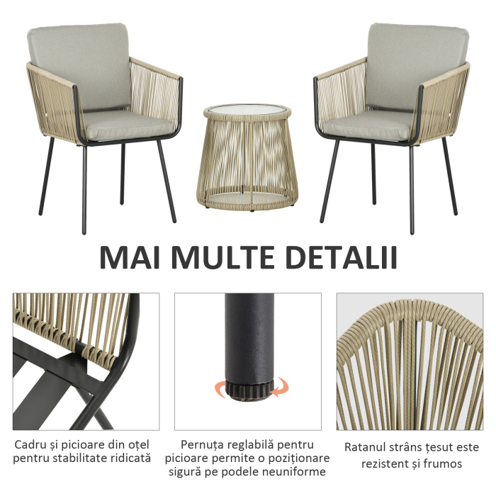  Set de Exterior cu Masuta din Sticla si 2 Scaune de Gradina din Ratan Stil Boho, Cafea [4]