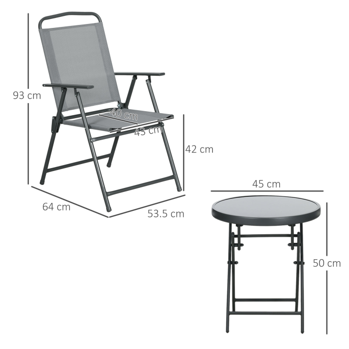  Set de Exterior din 3 Piese cu Masa cu Blat din Sticla si 2 Scaune Pliabile din Plasa, Ф45x50 cm, Gri Deschis [3]