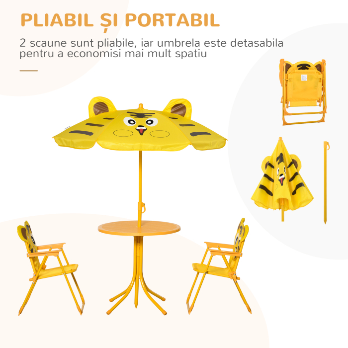  Set de Exterior pentru Copii, 4 Piese cu 2 Scaune Pliabile, Umbrela de Gradina si Masa Rotunda, Set din Otel si tesatura Oxford Galben [4]