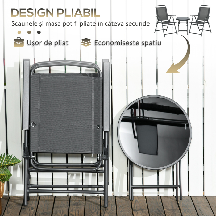  Set de gradina 3 piese cu 2 scaune 53.5x64x93 cm si masuta de cafea Ø45x50 cm, din metal, gri inchis [4]