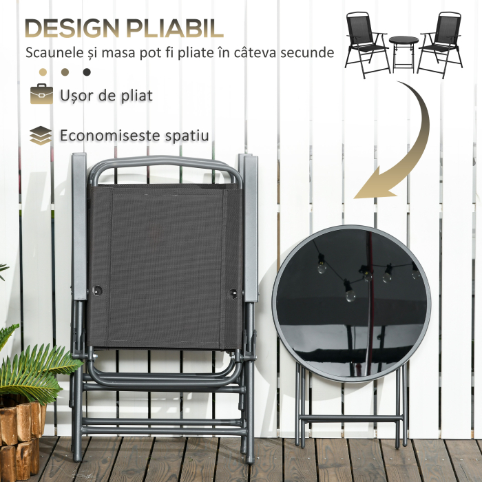  Set de Gradina 3 Piese cu 2 Scaune 53,5x64x93 cm si Masuta de Cafea Ø45x50 cm, din Metal, Negru [4]