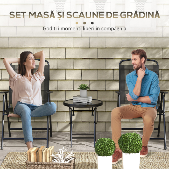  Set de Gradina 3 Piese cu 2 Scaune 53,5x64x93 cm si Masuta de Cafea Ø45x50 cm, din Metal, Negru [5]