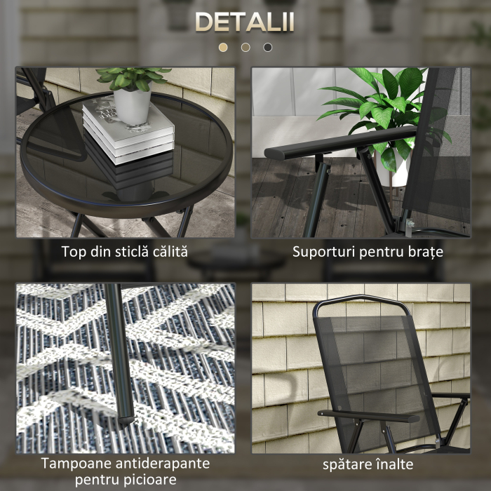  Set de Gradina 3 Piese cu 2 Scaune 53,5x64x93 cm si Masuta de Cafea Ø45x50 cm, din Metal, Negru [7]