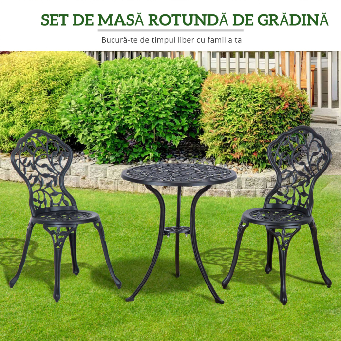  Set de Gradina 3 Piese cu 2 Scaune de Exterior si Masa Rotunda din Aluminiu, Negru [6]