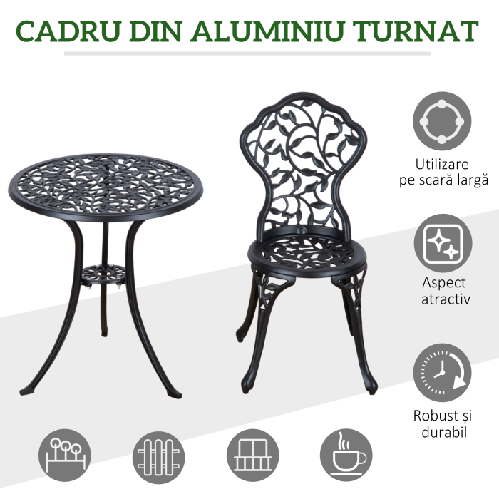  Set de Gradina 3 Piese cu 2 Scaune de Exterior si Masa Rotunda din Aluminiu, Negru [5]