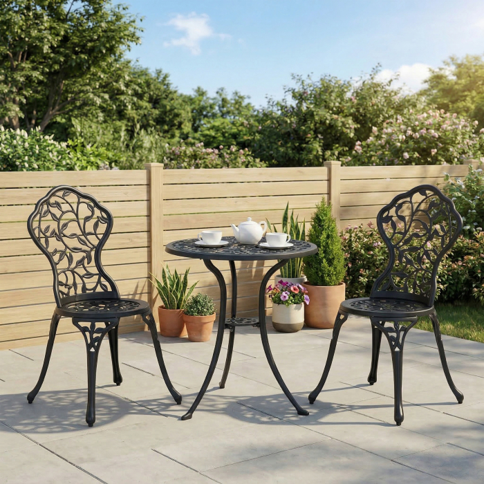  Set de Gradina 3 Piese cu 2 Scaune de Exterior si Masa Rotunda din Aluminiu, Negru [2]