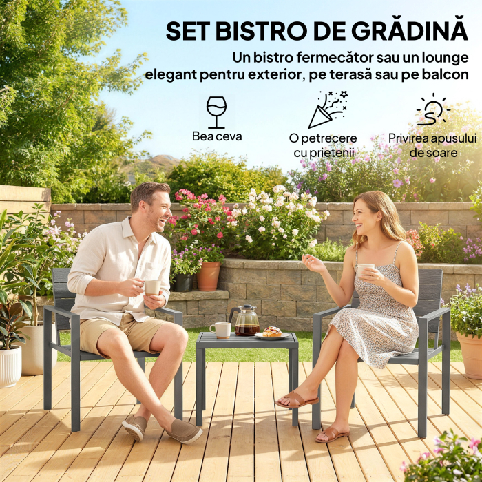  Set de Gradina 3 piese cu 2 Scaune de Exterior si Masuta de Cafea, din HDPE si Metal, Gri inchis [4]
