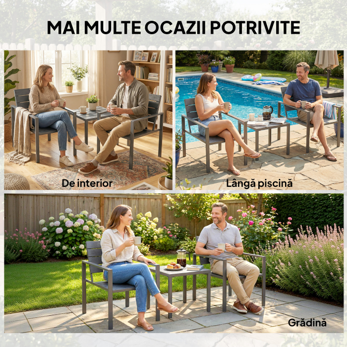  Set de Gradina 3 piese cu 2 Scaune de Exterior si Masuta de Cafea, din HDPE si Metal, Gri inchis [7]