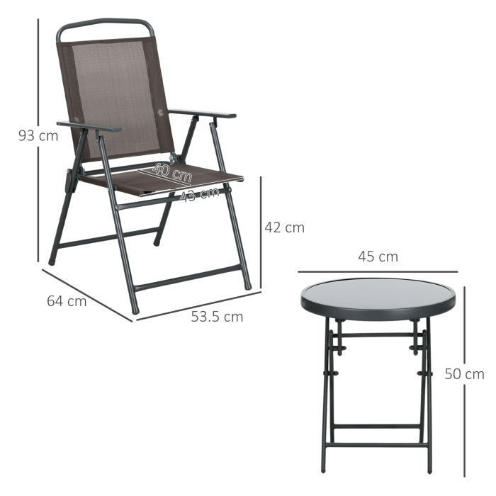  Set de Gradina 3 Piese cu 2 Scaune Pliabile si Masa Rotunda, Set Mobilier de Exterior din Metal si Sticla, Maro [3]